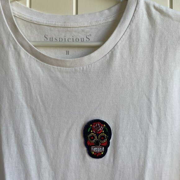 White Tee with Colorful Skull Patch - Picture 4 of 8